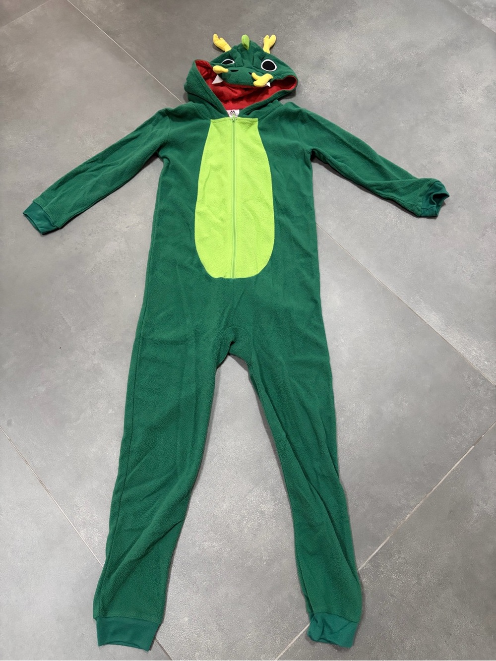 Kids Green Dragon Costume Onesie Medium 8-10 Hooded Fleece Halloween